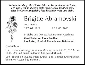 Traueranzeige von Brigitte Abramovski von Mitteldeutsche Zeitung Naumburg/Nebra