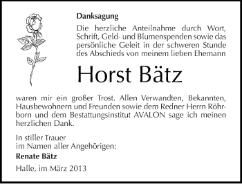 Traueranzeige von Horst Bätz von Mitteldeutsche Zeitung Halle/Saalkreis