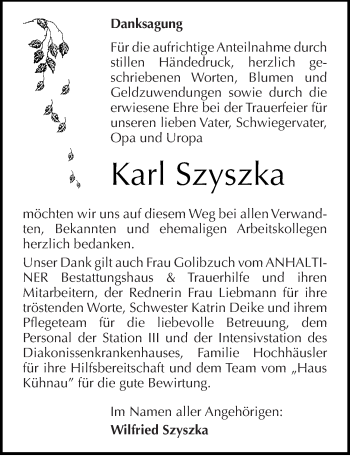 Traueranzeige von Karl Szyszka von Mitteldeutsche Zeitung Dessau-Roßlau