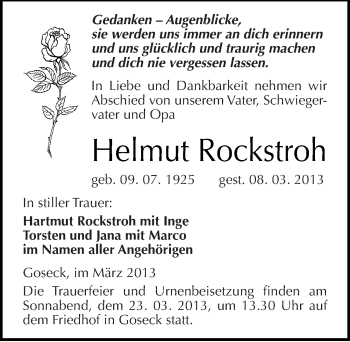 Traueranzeige von Helmut Rockstroh von Mitteldeutsche Zeitung Weißenfels