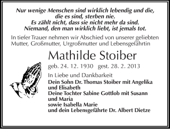 Traueranzeige von Mathilde Stoiber von Mitteldeutsche Zeitung Bitterfeld