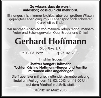 Traueranzeige von Gerhard Hoffmann von Mitteldeutsche Zeitung Bitterfeld