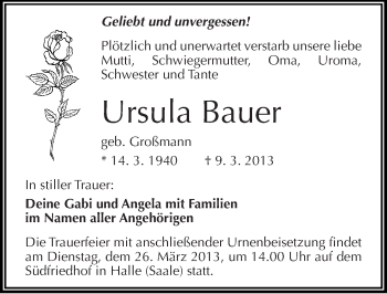 Traueranzeige von Ursula Bauer von Mitteldeutsche Zeitung Halle/Saalkreis