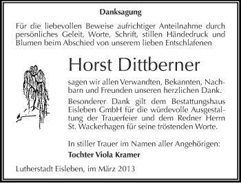 Traueranzeige von Horst Dittberner von Mitteldeutsche Zeitung Mansfelder Land