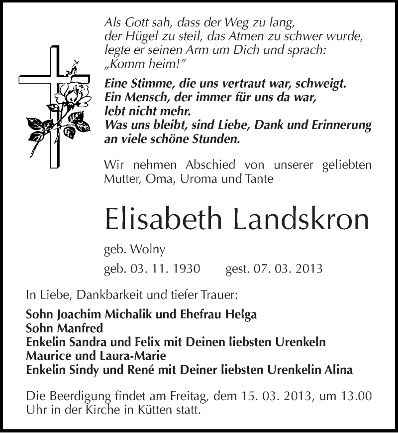  Traueranzeige für Elisabeth Landskron vom 13.03.2013 aus Mitteldeutsche Zeitung Halle/Saalkreis