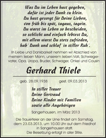 Traueranzeige von Gerhard Thiele von Mitteldeutsche Zeitung Sangerhausen