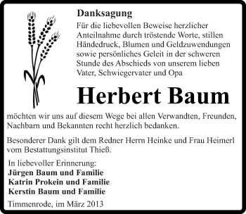 Traueranzeige von Herbert Baum von Mitteldeutsche Zeitung Quedlinburg