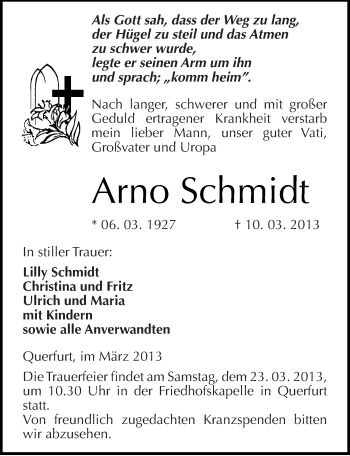Traueranzeige von Arno Schmidt von Mitteldeutsche Zeitung Merseburg/Querfurt