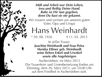 Traueranzeige von Hans Weinhardt von Mitteldeutsche Zeitung Aschersleben