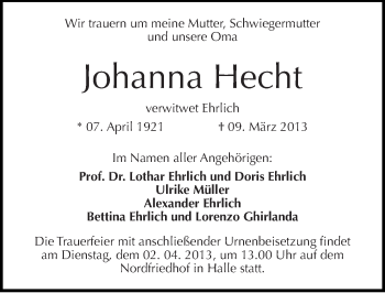 Traueranzeige von Johanna Hecht von Mitteldeutsche Zeitung Halle/Saalkreis