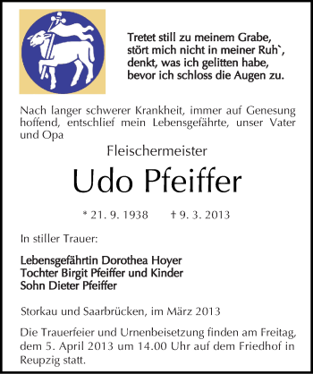 Traueranzeige von Udo Pfeiffer von Mitteldeutsche Zeitung Köthen