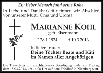 Traueranzeige von Marianne Kohl von Mitteldeutsche Zeitung Halle/Saalkreis