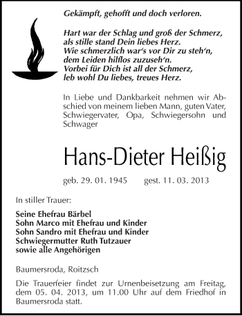 Traueranzeige von Hans-Dieter Heißig von Mitteldeutsche Zeitung Naumburg/Nebra