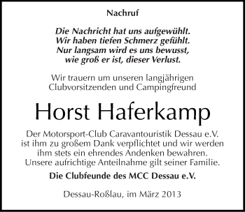 Traueranzeige von Horst Haferkamp von Mitteldeutsche Zeitung Dessau-Roßlau