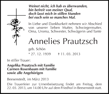 Traueranzeige von Annelies Prautzsch von Mitteldeutsche Zeitung Halle/Saalkreis