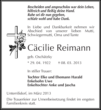 Traueranzeige von Cäcilie Reimann von Mitteldeutsche Zeitung Mansfelder Land