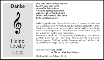 Traueranzeige von Heinz Lovsky von Mitteldeutsche Zeitung Sangerhausen