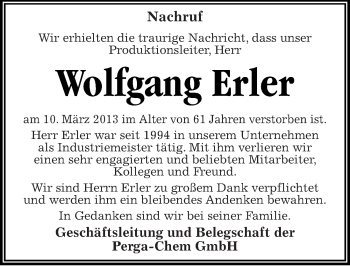 Traueranzeige von Wolfgang Erler von Mitteldeutsche Zeitung Quedlinburg