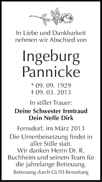 Traueranzeige von Ingeburg Pannicke von Mitteldeutsche Zeitung Köthen
