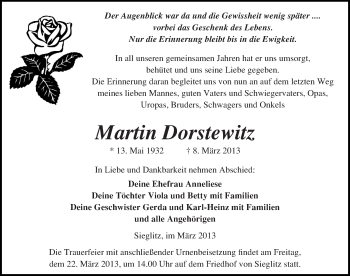 Traueranzeige von Martin Dorstewitz von Mitteldeutsche Zeitung Naumburg/Nebra