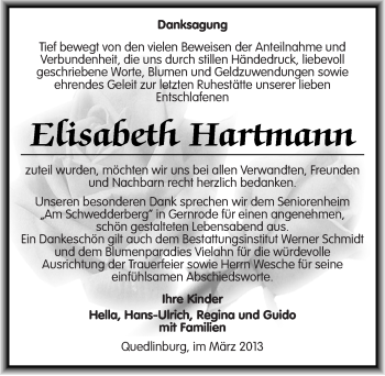 Traueranzeige von Elisabeth Hartmann von Mitteldeutsche Zeitung Quedlinburg