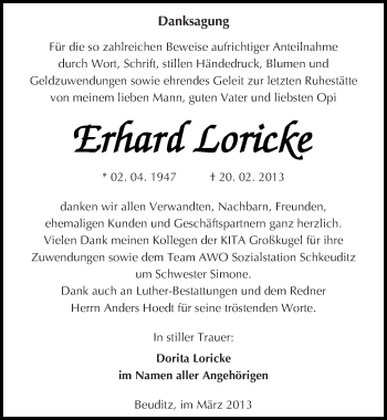 Traueranzeige von Erhard Loricke von Mitteldeutsche Zeitung Halle/Saalkreis