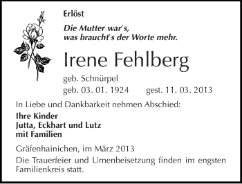 Traueranzeige von Irene Fehlberg von Mitteldeutsche Zeitung Wittenberg