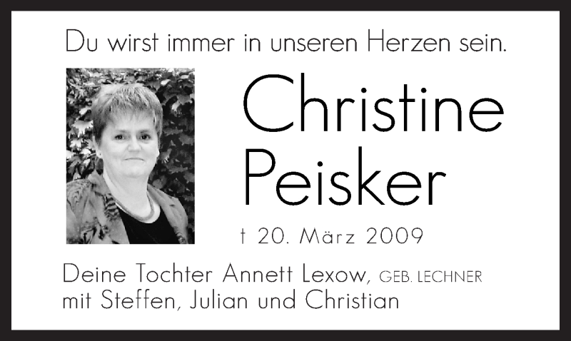  Traueranzeige für Christine Peisker vom 20.03.2013 aus Mitteldeutsche Zeitung Naumburg/Nebra