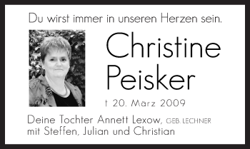 Traueranzeige von Christine Peisker von Mitteldeutsche Zeitung Naumburg/Nebra