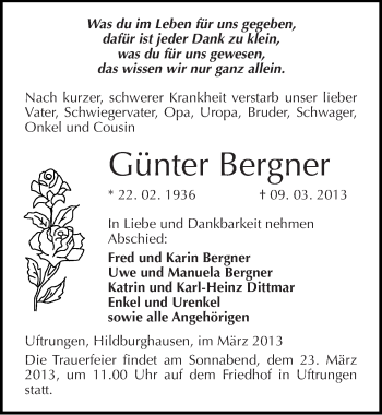Traueranzeige von Günter Bergner von Mitteldeutsche Zeitung Sangerhausen