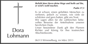Traueranzeige von Dora Lohmann von Mitteldeutsche Zeitung Mansfelder Land