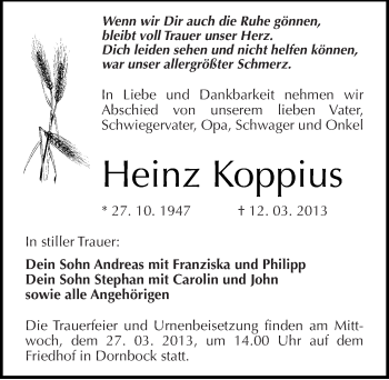 Traueranzeige von Heinz Koppius von Mitteldeutsche Zeitung Köthen