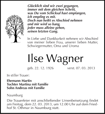 Traueranzeige von Ilse Wagner von Mitteldeutsche Zeitung Naumburg/Nebra