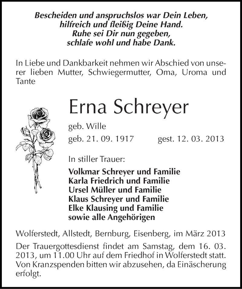  Traueranzeige für Erna Schreyer vom 14.03.2013 aus Mitteldeutsche Zeitung Sangerhausen