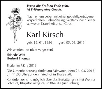 Traueranzeige von Karl Kirsch von Mitteldeutsche Zeitung Quedlinburg