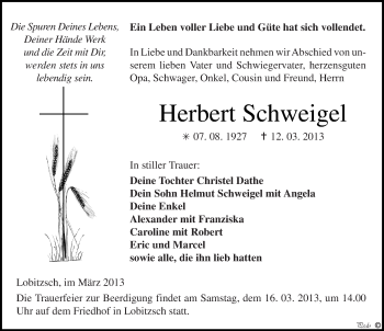 Traueranzeige von Herbert Schweigel von Mitteldeutsche Zeitung Weißenfels