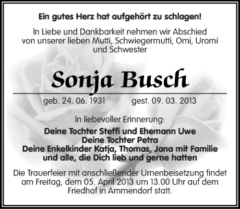 Traueranzeige von Sonja Busch von Mitteldeutsche Zeitung Halle/Saalkreis