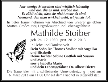Traueranzeige von Mathilde Stoiber von Mitteldeutsche Zeitung Bitterfeld