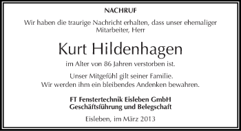 Traueranzeige von Kurt Hildenhagen von Mitteldeutsche Zeitung Mansfelder Land