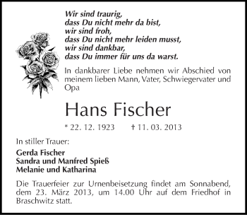 Traueranzeige von Hans Fischer von Mitteldeutsche Zeitung Halle/Saalkreis