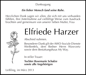 Traueranzeige von Elfriede Harzer von Mitteldeutsche Zeitung Weißenfels