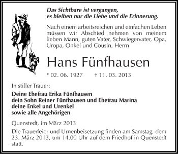 Traueranzeige von Hans Fünfhausen von Mitteldeutsche Zeitung Mansfelder Land