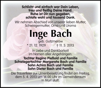 Traueranzeige von Inge Bach von Mitteldeutsche Zeitung Halle/Saalkreis