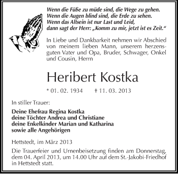 Traueranzeige von Heribert Kostka von Mitteldeutsche Zeitung Mansfelder Land