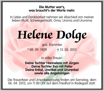 Traueranzeige von Helene Dolge von Mitteldeutsche Zeitung Köthen