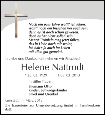 Traueranzeige von Helene Nattrodt von Mitteldeutsche Zeitung Merseburg/Querfurt