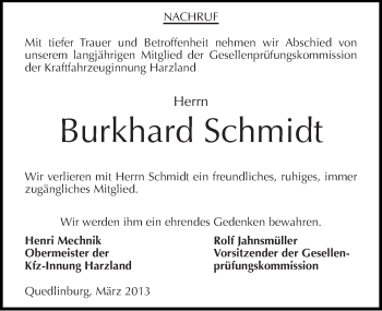 Traueranzeige von Burkhard Schmidt von Mitteldeutsche Zeitung Quedlinburg