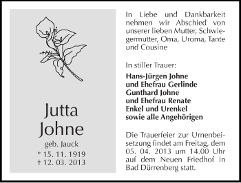 Traueranzeige von Jutta Johne von Mitteldeutsche Zeitung Merseburg/Querfurt
