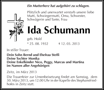 Traueranzeige von Ida Schumann von Mitteldeutsche Zeitung Zeitz