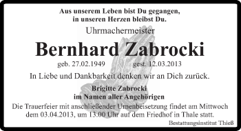 Traueranzeige von Bernhard Zabrocki von Mitteldeutsche Zeitung Quedlinburg